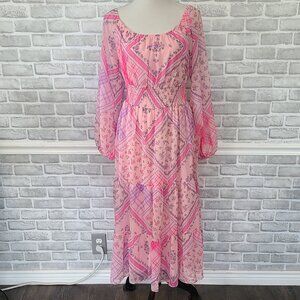Miss Selfridge Chiffon Shirred Waist Midi Dress Pink Patchwork Cottage Feminine